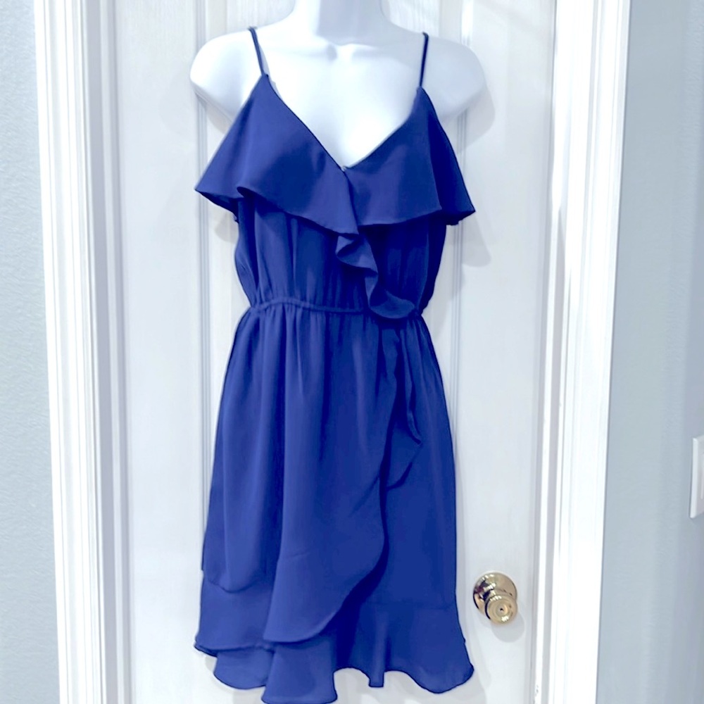 Japna Drape Ruffle Faux Wrap Dress in Royal Blue